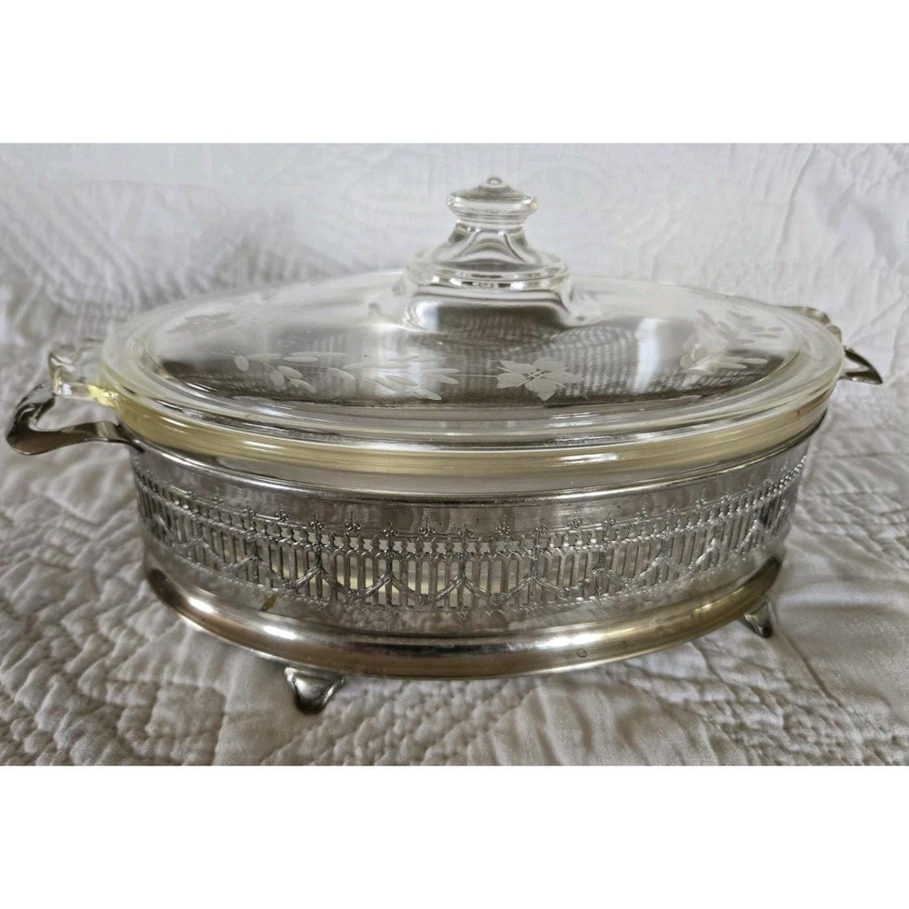 Vintage Pyrex and Fry Glass Metal Serving Casserole W/ Lid Etched 634 Or 643 C